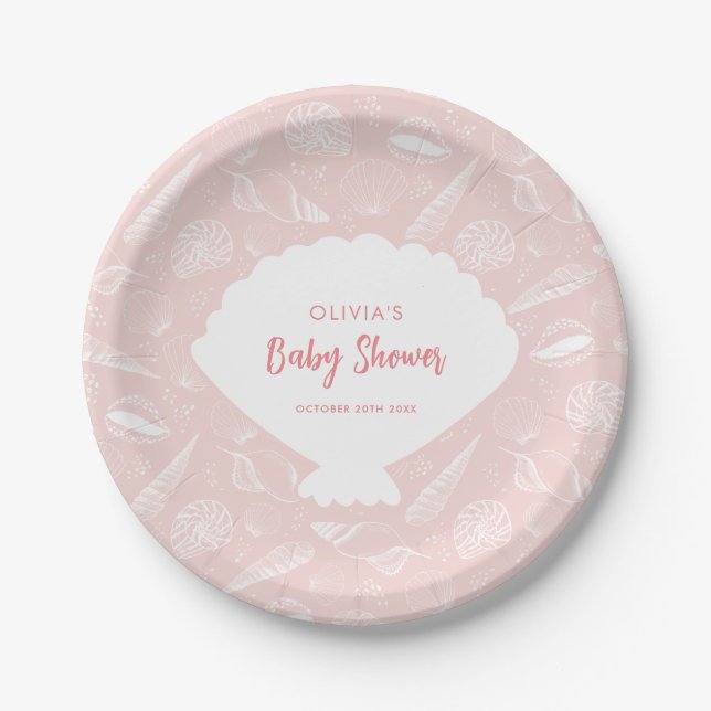 Sea Shell Beach Pink Girls Ocean Baby Shower Paper Plate (Front)