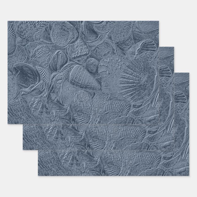 Sea Shell Coastal Beach Dusty Blue Decoupage Wrapping Paper Sheet (Set)