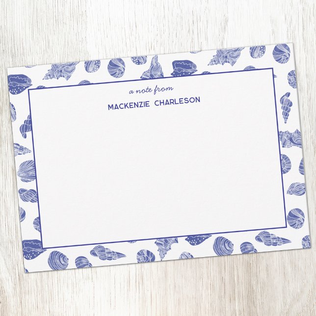 Sea Shell Coastal Nautical Blue Personalised Card (Blue and white watercolor sea shell pattern personalized notecards)