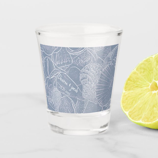 Sea Shell Dusty Blue Coastal Beach Shot Glass (Front)