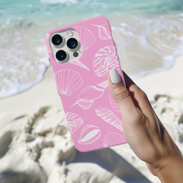 Sea Shell Illustration Pink Case-Mate iPhone Case (Pink seashell phone case with hand drawn illustrated sea shells on a pink background.)