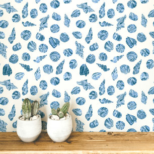 Sea Shell Nautical Coastal Blue and White Wallpaper