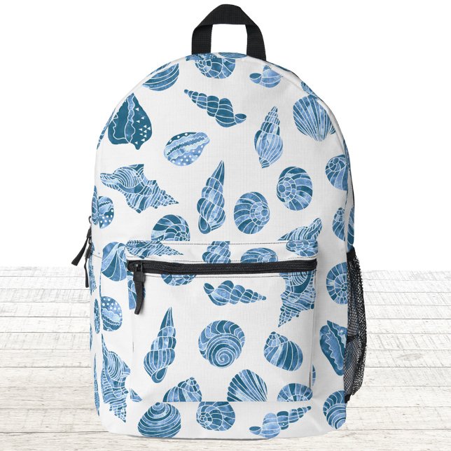 Sea Shell Nautical Watercolor Blue and White Printed Backpack (Sea shell watercolor pattern blue and white backpack)