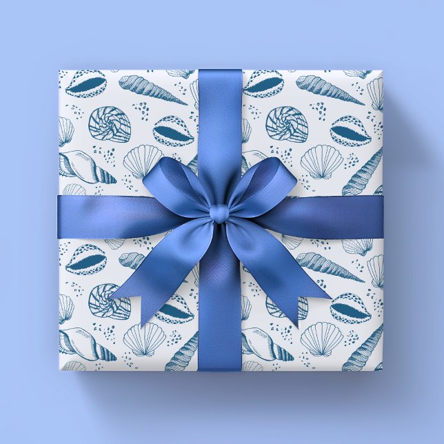 Sea shell pattern wrapping paper (Blue seashell nautical beach theme wrapping paper rolls.)