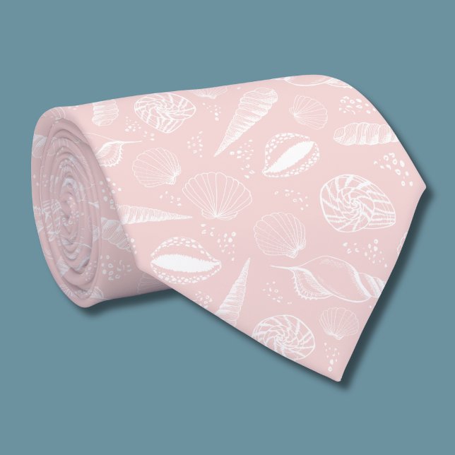 Sea Shell Pink ocean beach pattern Tie (Pink seashell tie rolled)