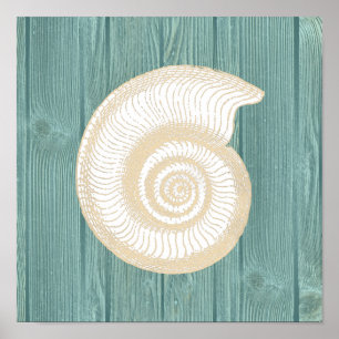 Sea Shell Vintage Aqua Wood Beach Poster