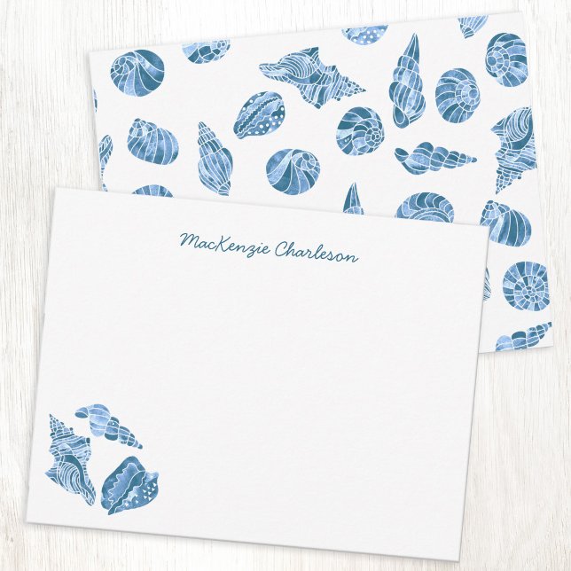 Sea Shell Watercolor Coastal Personalised Card (Personalized custom script name watercolor sea shell nautical coastal blue white notecard stationery)