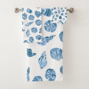 Sea Shell Watercolor Nautical Coastal Blue Bath Towel Set