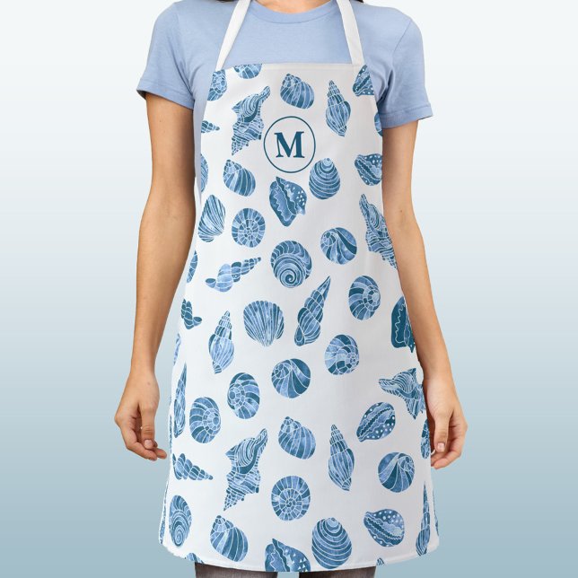 Sea Shell Watercolor Nautical Coastal Monogram Apron (sea shell watercolor pattern coastal nautical personalized monogram initial apron)