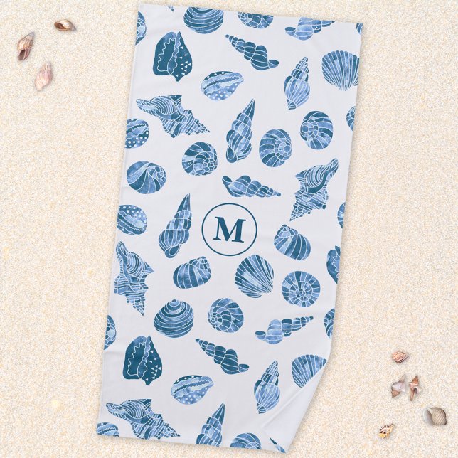 Sea Shell Watercolor Nautical Monogram Initial Beach Towel (Sea shell watercolor pattern blue and white personalized monogram initial beach towel)