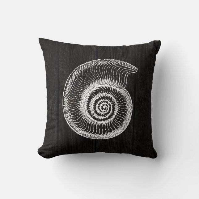 Sea Shell White Vintage Black Distress Wood Pillow (Front)
