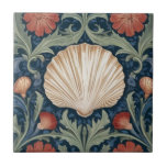 Sea shell William Morris style Nautical botanical Tile<br><div class="desc">"classy classic art nouveau",  "sage green clam shell",  "ocean sea marine animals",  "william morris ceramic tile",  "blue white aquatic water life",  "seaside dark navy red",  "vintage stylish shore life",  "nautical wildlife wild animal",  "beautiful scalloped scallop seashell",  "traditional beach coast antique"</div>