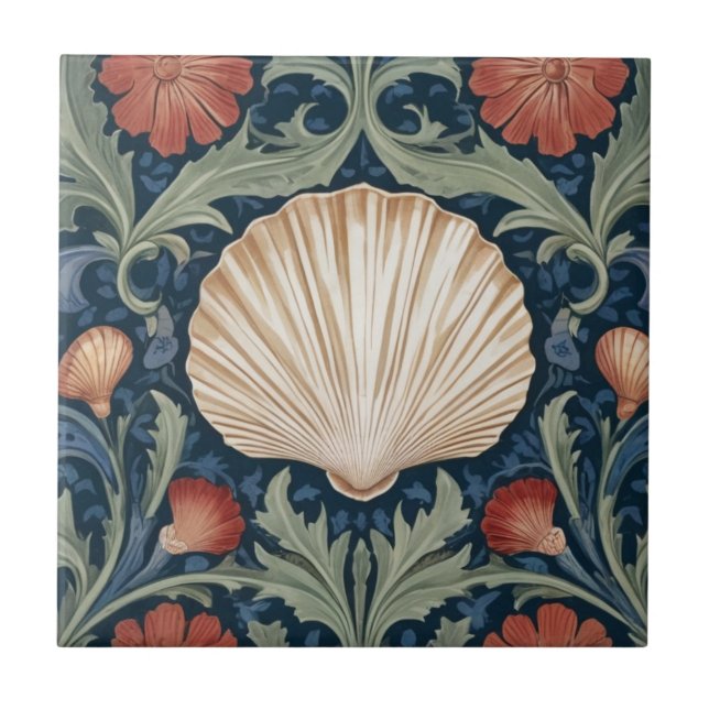 Sea shell William Morris style Nautical botanical Tile (Front)