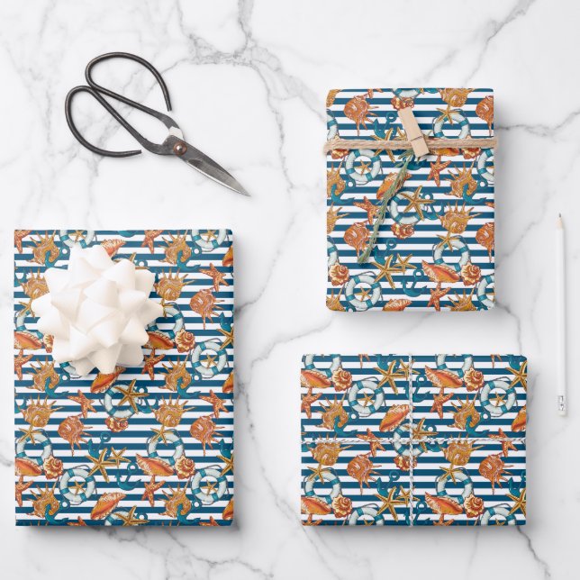 Sea Shells And Anchor Pattern Wrapping Paper Sheet (Front)