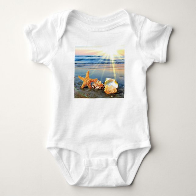 Sea shells and starfish on beach baby bodysuit (Front)