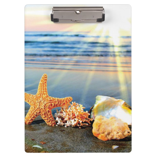 Sea shells and starfish on beach clipboard (Front)
