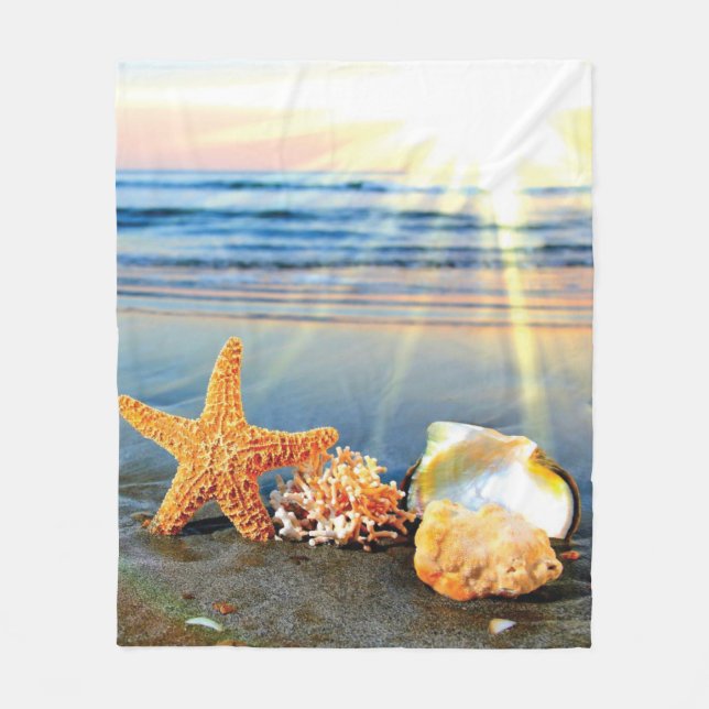 Sea shells and starfish on beach fleece blanket (Front)