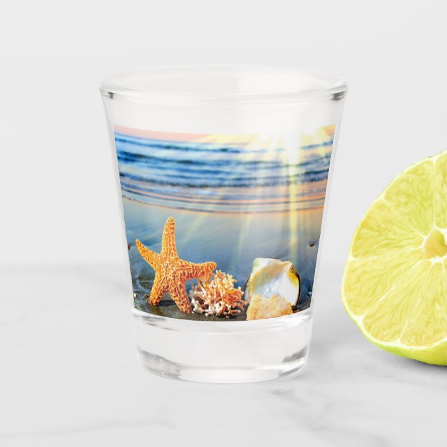 Sea shells and starfish on beach shot glass (Front)