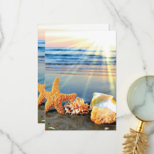 Sea shells and starfish on beach thank you card