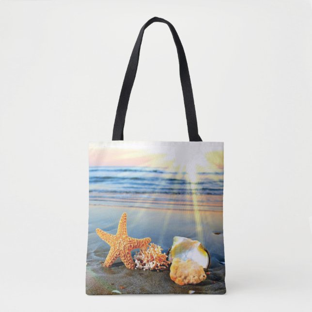 Sea shells and starfish on beach tote bag (Front)