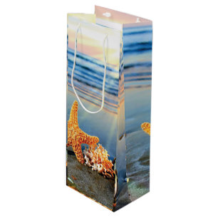 Sea shells and starfish on beach wine gift bag