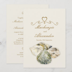 Sea shells art beach wedding invitations