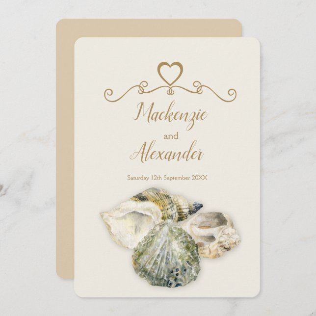 Sea shells art beach wedding invitations (Front/Back)