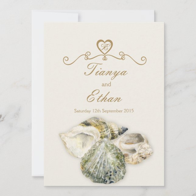 Sea shells art wedding invitation ivory cream (Front)