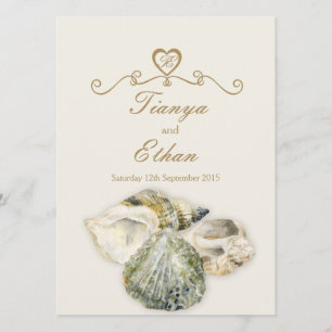 Sea shells art wedding invitation ivory cream