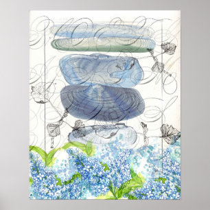 Sea Shells Blue Lilacs Watercolor Flowers Collage Poster
