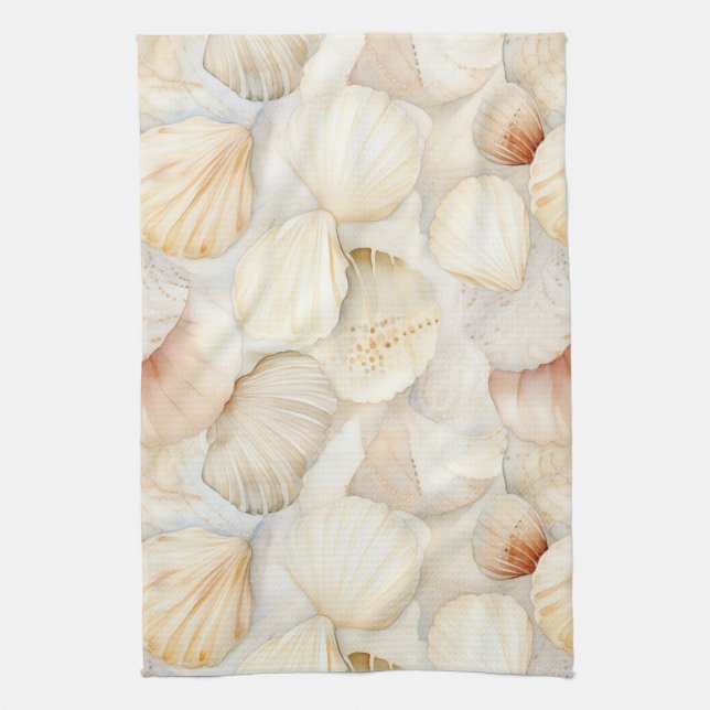Sea Shells Cream Sand Ivory Beach  Tea Towel (Vertical)