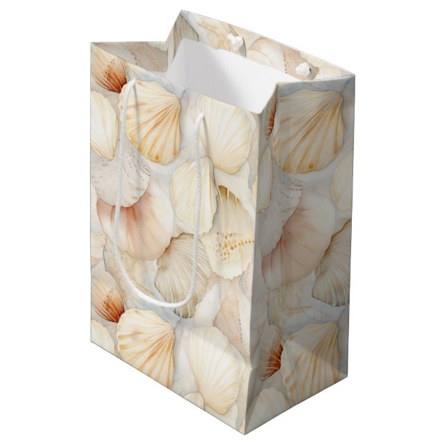 Sea Shells Cream Sand Ivory Beach Wedding Medium Gift Bag (Front Angled)