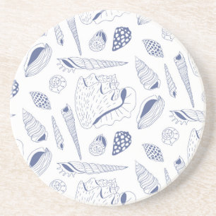 Sea shells drawing in blue and white coaster