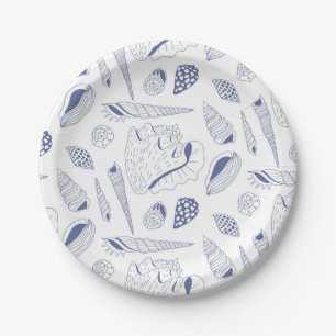 Sea shells drawing in blue and white paper plate