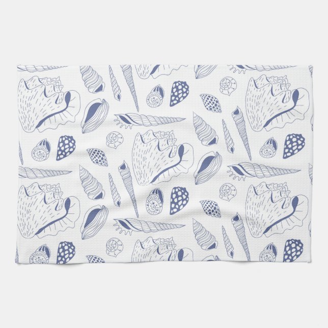 Sea shells drawing in blue and white tea towel (Horizontal)