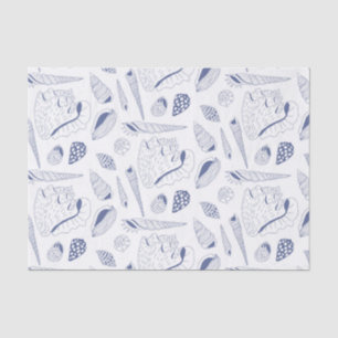 Sea shells drawing in blue and white tissue paper