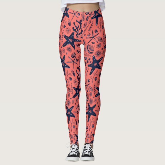 Sea shells  living coral background leggings (Front)
