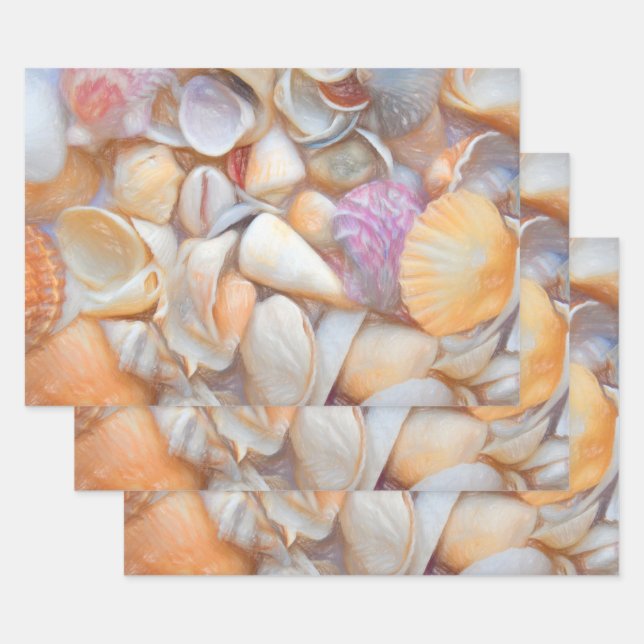 Sea Shells Ocean Beach Decoupage Art Design Wrapping Paper Sheet (Set)