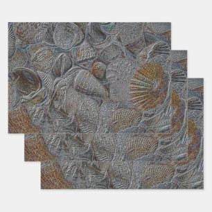 Sea Shells Ocean Beach Grey Gold Silver Decoupage Wrapping Paper Sheet