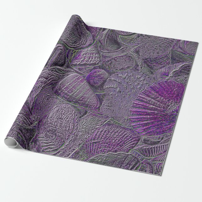 Sea Shells Ocean Beach Purple Grey Metallic Wrapping Paper (Unrolled)
