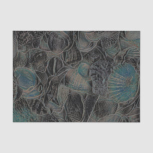 Sea Shells Ocean Beach Teal Black Art Decoupage Tissue Paper