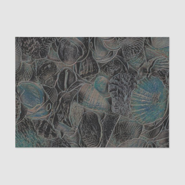 Sea Shells Ocean Beach Teal Black Art Decoupage Tissue Paper (Front)
