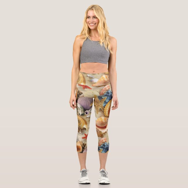Sea shells on beach capri leggings (Front)