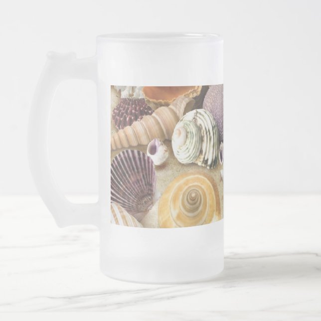 Sea shells on beach frosted glass beer mug (Left)