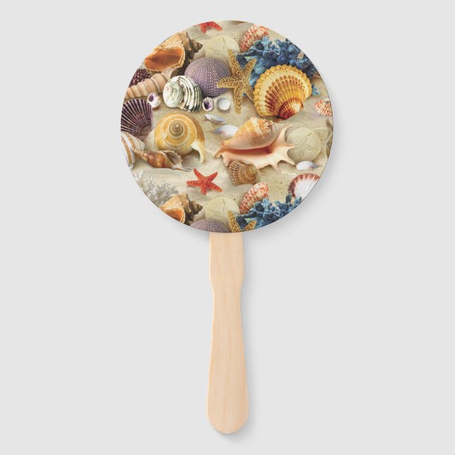 Sea shells on beach hand fan (Front)