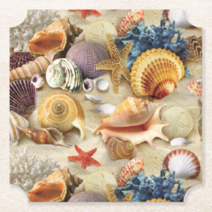 Sea shells on beach paper coaster