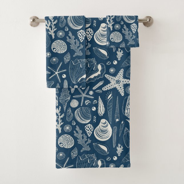 Sea shells on  dark blue bath towel set (Insitu)