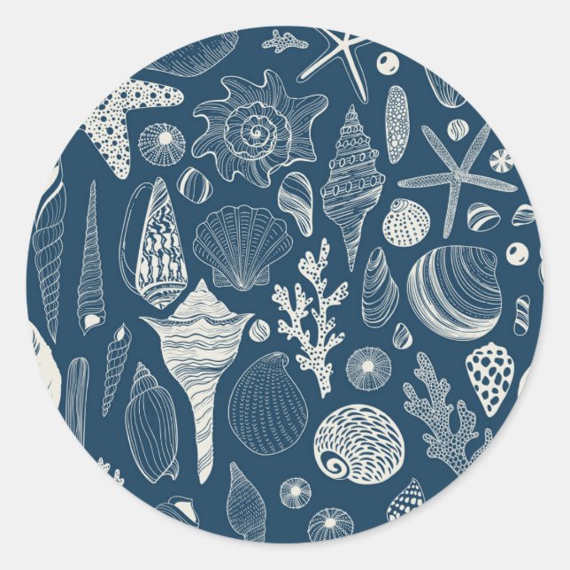 Sea shells on  dark blue classic round sticker (Front)