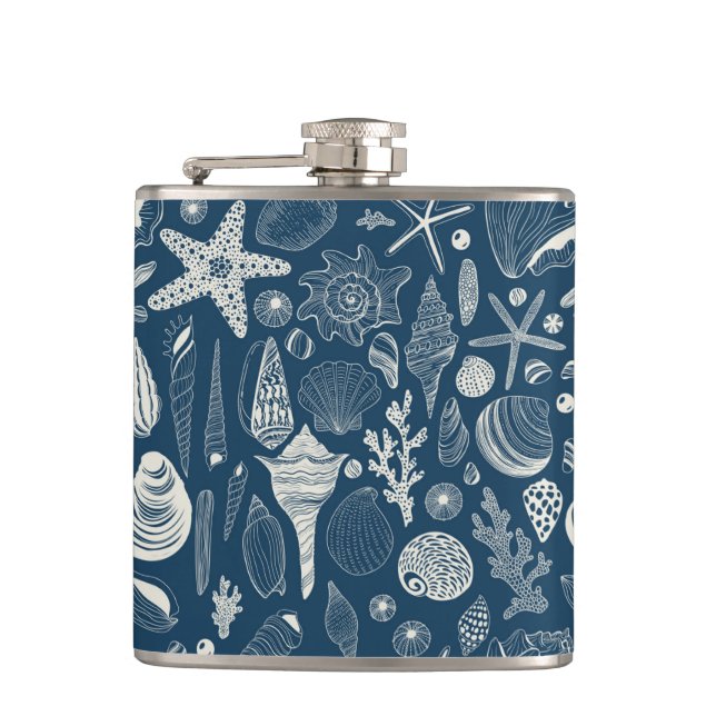 Sea shells on  dark blue hip flask (Front)