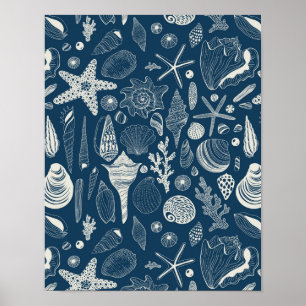 Sea shells on  dark blue poster